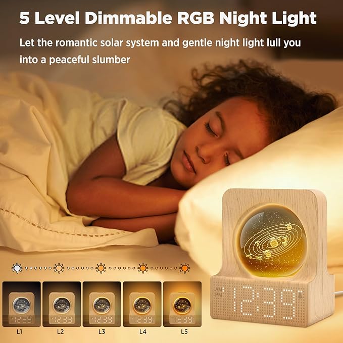 DreamSky Space Alarm Clock for Kids Teens, Small Digital Clock with RGB Night Light for Bedroom, Colorful Crystal Ball Decor for Living Room Office, Dimmer, Gifts for Boys Girls Women (Wood Grain)