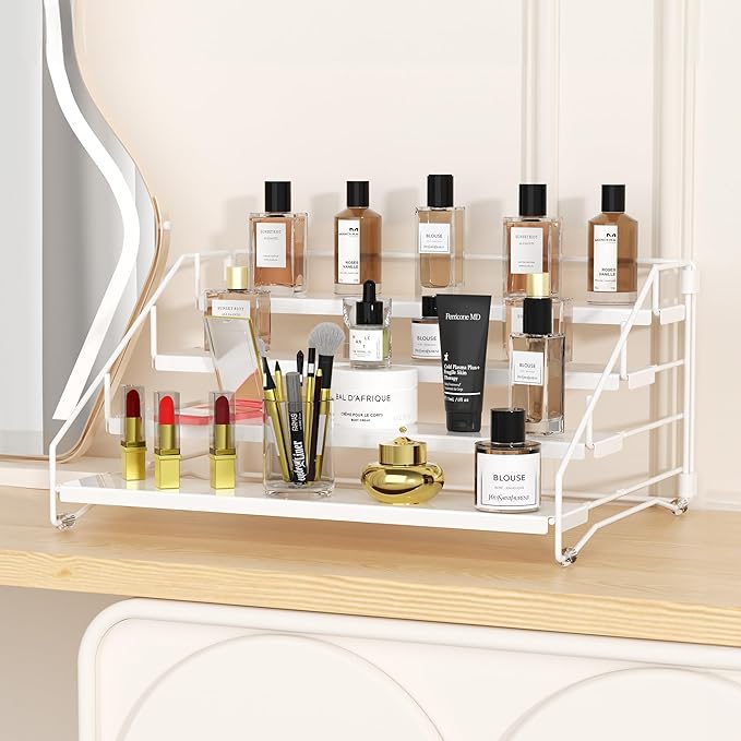 Tiered Spice Rack, 4 Tier Spice Shelf Organizer for Cabinet, Spice Rack Organizer, Depth Adjustable Seasoning Rack Organizer for Cabinet, Countertop, Pantry, Metal, White (1 Pack)