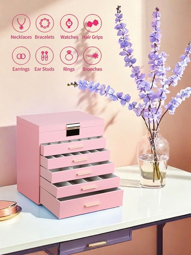 BOOVO Jewelry Box with Necklace Hanger – 6 layer Jewelry Organizer for Women with 5 Drawers, Large Jewelry Storage Boxes –Jewelry Organizers and Storage for Earrings, Necklaces (Pink, 6 layer)