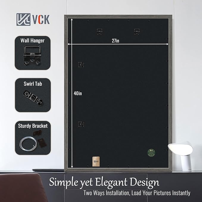 VCK 27x40 Picture Frame Set of 4 - Grey, Gallery-Quality Wood Poster Frames, 1.1-Inch Wide Border, Polished Plexiglass, Vertical or Horizontal Wall Display for Photo/Art/Prints, Grey
