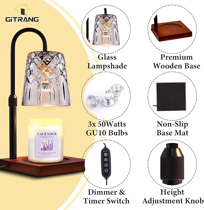 Candle Warming Lamp with Timer Dimmer, Adjustable Height Electric Wax Melt Warmer for Jar Candles with 3 Bulbs, Mother's Day Women's Home Decor Gift, Square Base with Black Pole