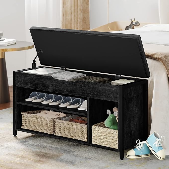 Shoe Bench, Lift Top Shoe Storage Bench, Adjustable Shelf Entryway Bench, Metal and Wood Shoe Rack Organizer with Cushion for Entry, Bedroom, Closet, Living Room, Hallway, Black 39.5W