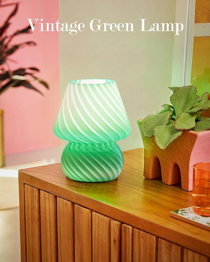 ONEWISH Mushroom Lamps Set of 2 - Small Table Lamp with Striped Glass, Nightstand Lamp for Bedroom, Living Room, Cafe, Office, Bulb Included, for Birthday Christmas Thanksgiving Day, Sage Green
