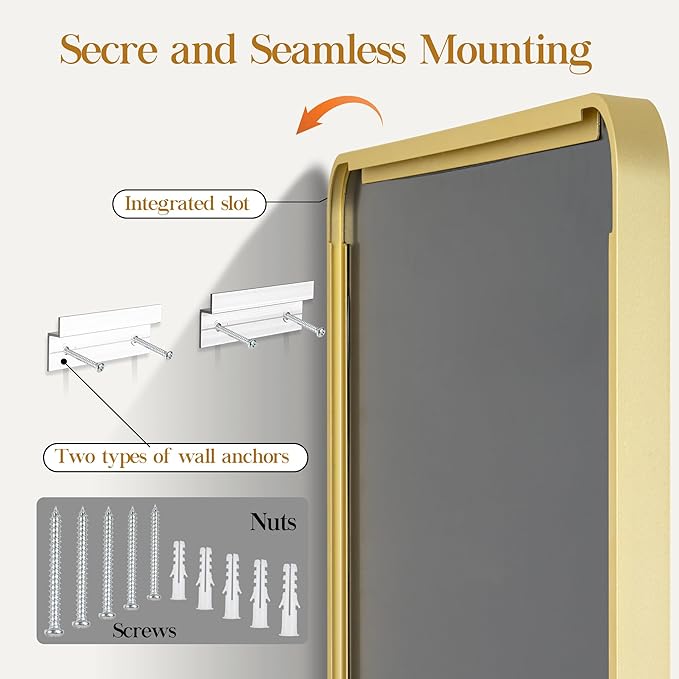 40×24 Gold Bathroom Mirror, Rectangular Bathroom Vanity Mirror for Wall with Rounded Corners & Aluminum Alloy Frame, Tempered-Glass, Modern, Farmhouse, Horizontal/Vertical, Entryway, Bedroom