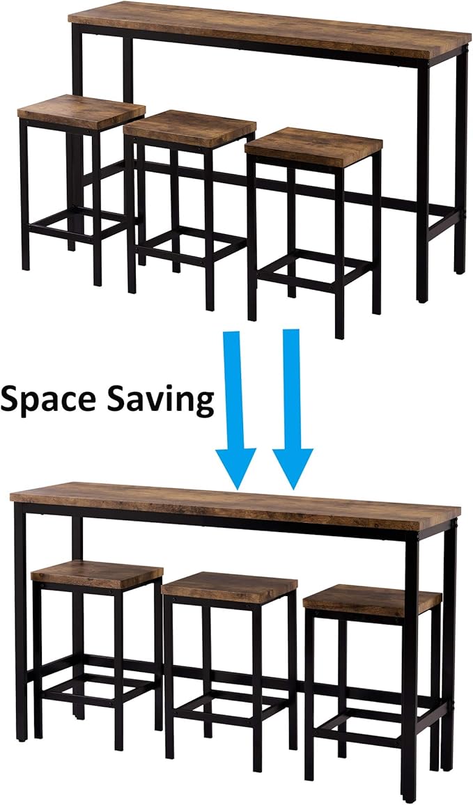 Harper & Bright Designs 4-Piece Dining Table Set, 60.2" L Solid Wood Dining Table with 3 Stools and Metal Frame for Kitchen Dining Room, Antique Brown + Black