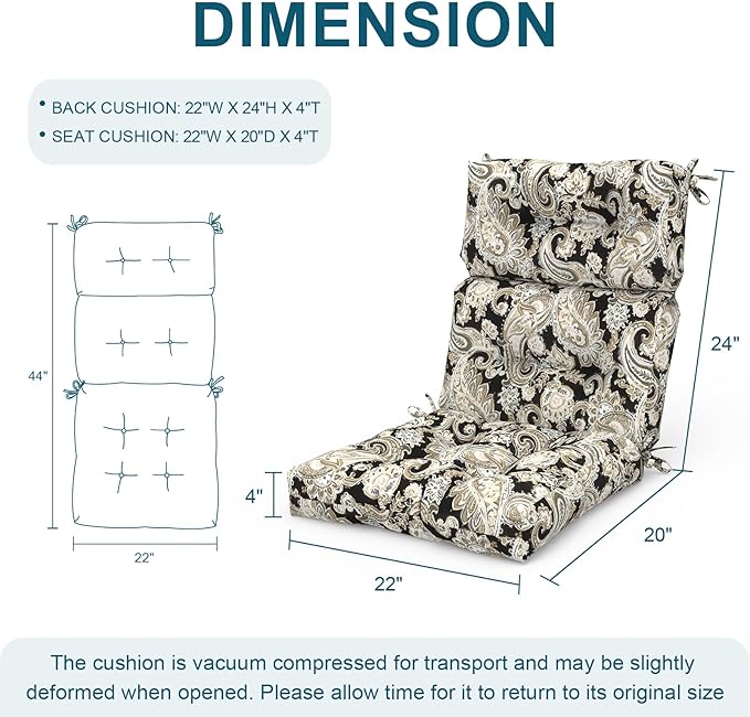 Set of 2 Outdoor High Back Chair Cushions 44"x 22",Water Repellent Rocking Seat Cushions Replacement, Seat/Back Chair Cushions for Patio,Porch,Balcony and Indoor - Paisley Black