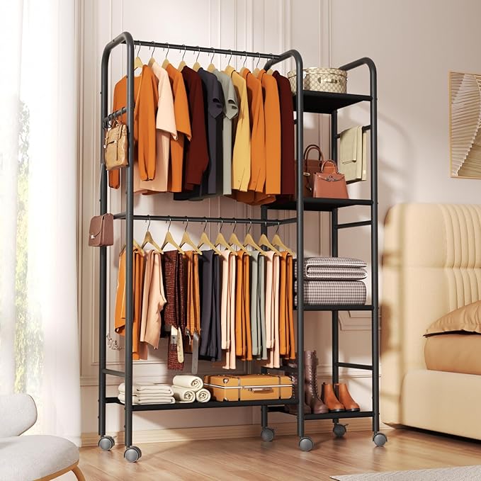 Portable Closets For Hanging Clothes,Wardrobe Closet Racks For Hanging Clothes,Sturdy Clothes Rack Heavy Duty,4-Tier Metal Freestanding Clothing Racks With Shelves, 45" X 16" X 69"