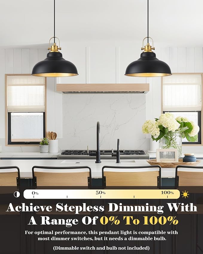 Black and Gold Pendant Light, 11.41 Inch Industrial Pendant Light Kitchen Island, Farmhouse Pendant Lights 2 Packs, Island Pendant Lights for Kitchen, Dining Room, Living Room