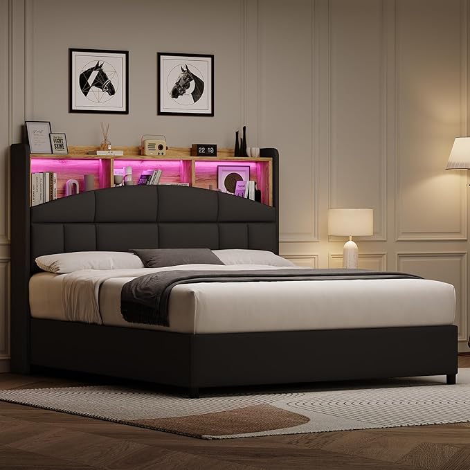 Full Size Bed Frame with Headboard, Velvet Upholstered Bed Frame with LED Lights, Full Size Platform Bed with Wooden Slats Support, No Box Spring Needed, No Noise, Black