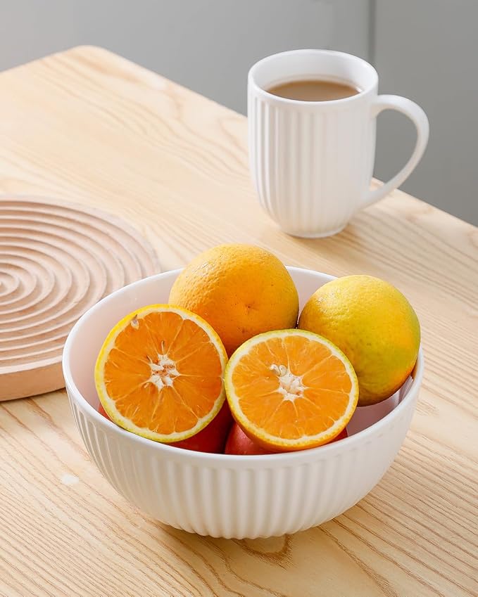 Hasense Large Salad Bowls of 2, Porcelain 60 Oz Serving Bowl 8 Inch for Kitchen Dining,Elegant Ribbed White Ceramic Dishes for Party,Soup,Pho,Pasta,Cereal,Fruit - Dishwasher & Microwave Safe