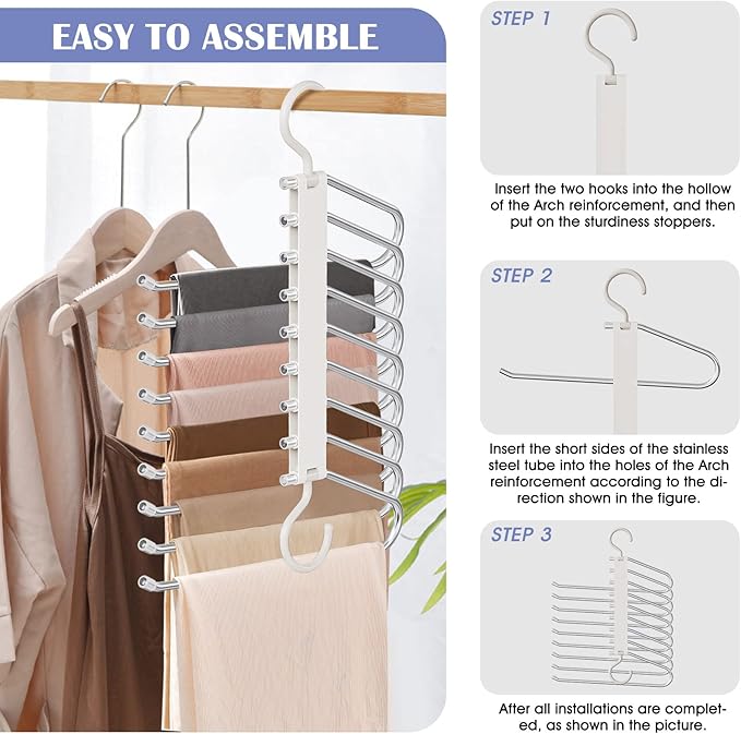 Upgrade 9 Layers Pants Hangers Space Saving, 2 Pack Pant Hangers Organizer Multifunctional Pants Rack Space Saver Closet Organizers and Storage Hangers for Pants Jeans Leggings Trousers Skirts, White