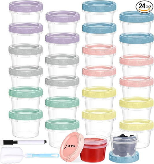 24pcs 4 oz Plastic Containers with Screw Lids, Reusable 1/2 Cup Small Food Storage Containers, Leakproof, Microwave Dishwasher Freezer Safe, with Pen and Brush