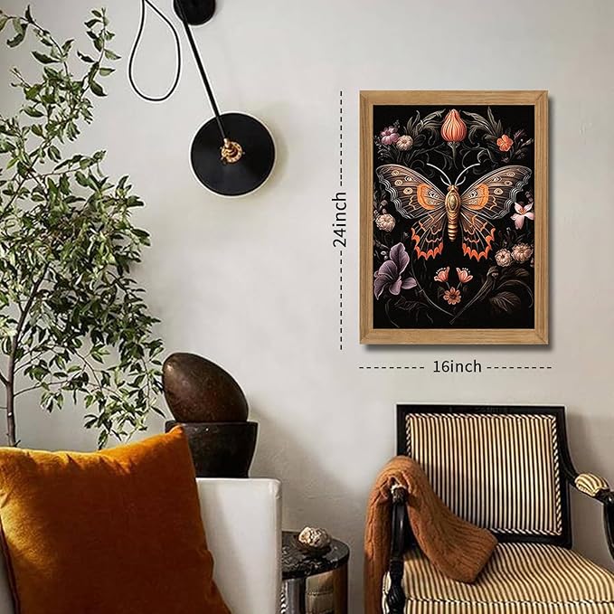 Framed Vintage 3D Textured Wall Art - Gothic Butterfly Wall Decor - Hand Drawn Sandstone Nature Botanical Pictures for Living Room Bedroom Home Decor 16x24 inches