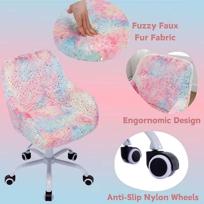 LukeAlon Kids Adjustable Desk Chair, Furry Study Chair with Swivel Base Cute Faux Fur Reading Chair Comfy Upholstered Computer Chair with Arms for Girls Children, Light Colorful