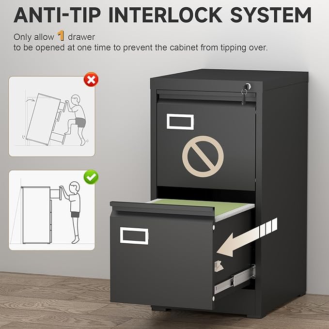 2 Drawer File Cabinet with Lock, Black Metal File Cabinets for Home Office, Under Desk Small Filing Cabinet, Vertical File Cabinet for A4/F4/Letter/Legal