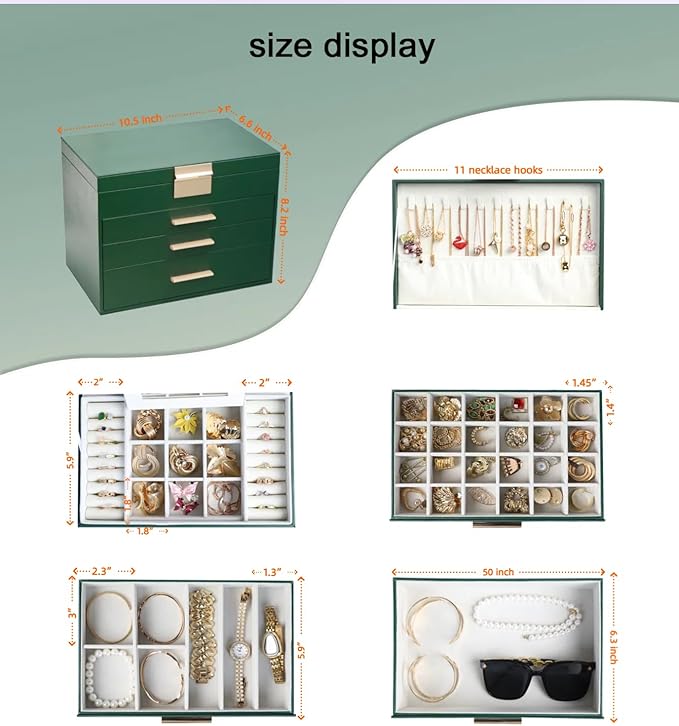 BOOVO Jewelry Boxes for Women, 5 Layer Jewelry Organizer with Necklace Hanger and Drawers, Large Jewelry Box for Earrings, Necklace and Bracelet Storage Gifts for Women and Girls (Green, 5 Layer)