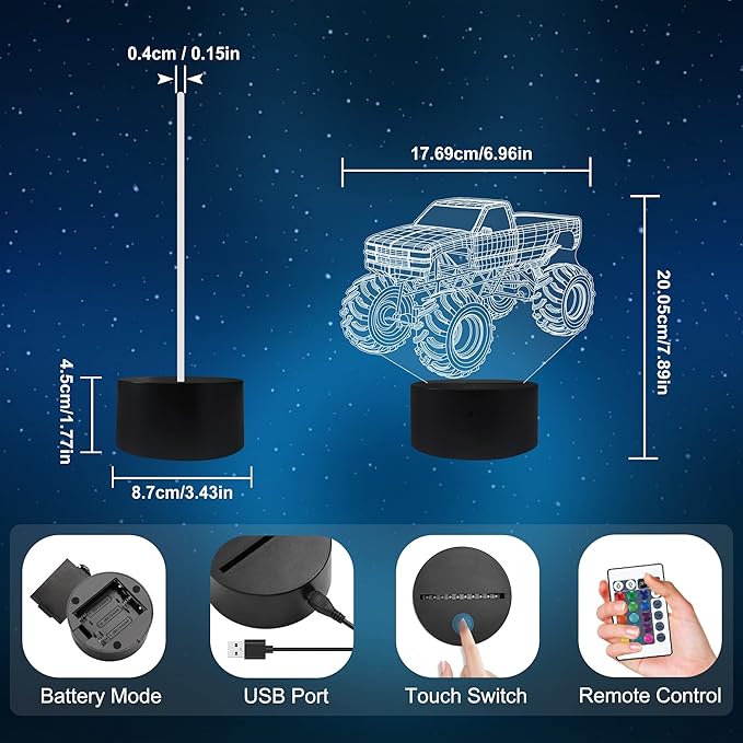 3D Night Lights for Children, Kids Night Lamp, Monster Trucks for Boys, 16 LED Colors Changing Lighting, Car Shape Acrylic Lighting Table Desk Bedroom Decoration, Ideas Birthday Xmas