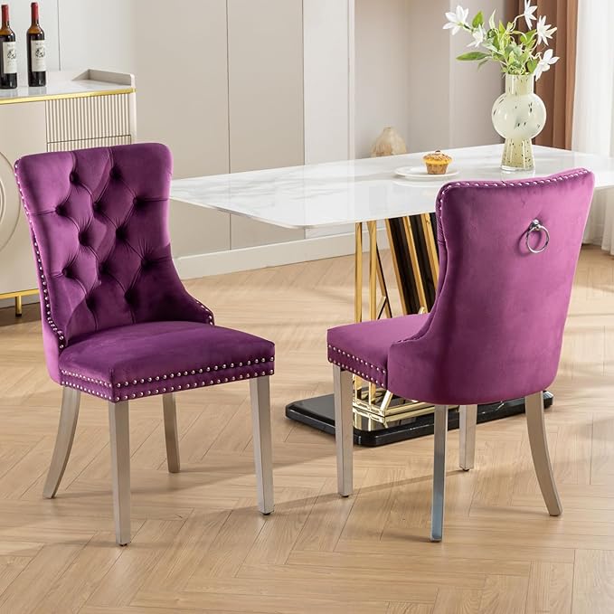 Goujxcy 7 Piece Glass Dining Table Set Modern Glass Dining Table Set for 6, 61" Rectangular Silver Kitchen Table and 6 Velvet Upholstered Chairs, Silver Table & Purple Chair