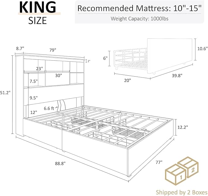 AMERLIFE King Size Bed Frame Wooden Platform Bed with 51.2" Storage LED Bookcase Headboard, Charging Station & 4 Storage Drawers/No Box Spring Needed/Noise Free/Rustic Brown