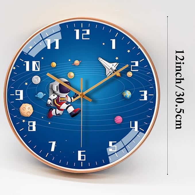 12 Inch Silent Movement Kids Wall Clock, Non Ticking Children Round Wall Clock Battery Operated Space Travel Style Decor Children Clock for Home School Boys Bedroom Living Room (Blue-2)