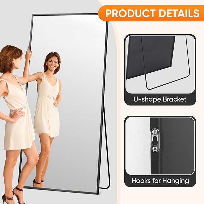 Suidia Full Length Mirror, 71"x32" Floor Standing Mirror Freestanding, Full Body Mirrors with Stand for Bedroom, Hanging Mounted for Living Room Cloakroom, Black, Rectangular Style