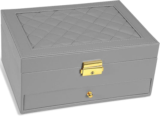 Jewelry Box for Women Girl Wife - Large PU Leather Jewelry Organizer Storage Case with Two Layers Display for Earrings Bracelets Rings Watches (Grey)