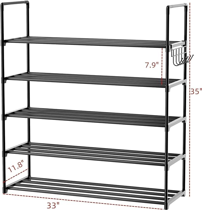 Metal Shoe Organizer,5 Tiers Shoe Storage Shoe Rack with Hooks,Fit 20-25 Pairs,Adjustable Shoe Shelf for Entryway,Hallway,Bedroom,Metal Bottom Support