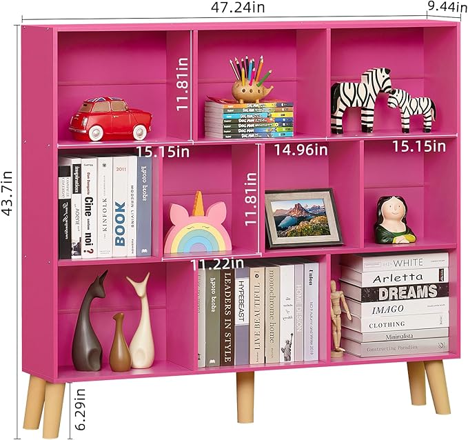LEYAOYAO 10 Cube Bookshelf,3 Tier Modern Wide Bookcase with Legs,Mid-Century Wood Bookshelves Storage，Pink Large Book Case,Freestanding Organizer Display Shelf for Bedroom,Living Room,Office