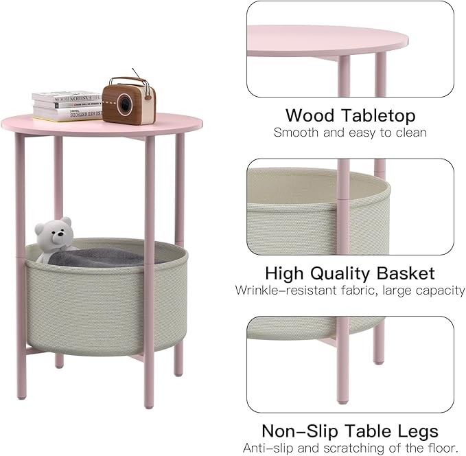 Round End Table with Fabric Basket, Bedside Table with Storage, Morden Round Nightstand, Samll Side Table for Living Room，Bathroom，Bedroom, Nursery, Laundry, Pink
