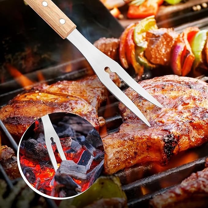 Artisanal Wood-Handled BBQ Set - Robust Stainless Steel Spatula, Fork & Tongs | Stylish Family Gathering Outdoor Camping Grill Tools