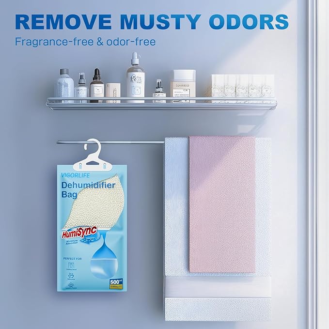 Moisture Absorbers Packets 9.8 OZ, Hanging Closet Dehumidifier Bags, Portable Humidity Absorber in Wardrobes, Bathrooms, Closet, Bedrooms, Attract and Trap Excess Moisture, Desiccant 10 Pack (Blue)