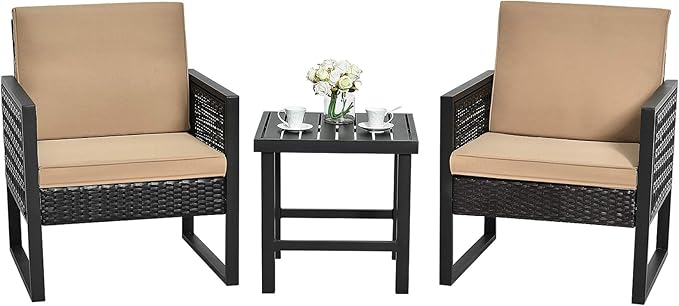 Tangkula 3 Piece Patio Wicker Bistro Set, Outdoor Rattan Sofa, Conversation Furniture w/Coffee Table, Seat and Back Cushions, Garden, Backyard, Balcony, Poolside