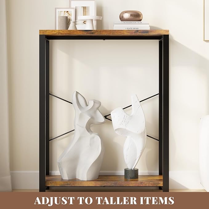 3-Tier Adjustable Heavy Duty Bookshelf, Industrial Wooden Open Storage Rack with Black Metal Frame, Vintage Bookcase with Lock Wall Design, Rustic Brown