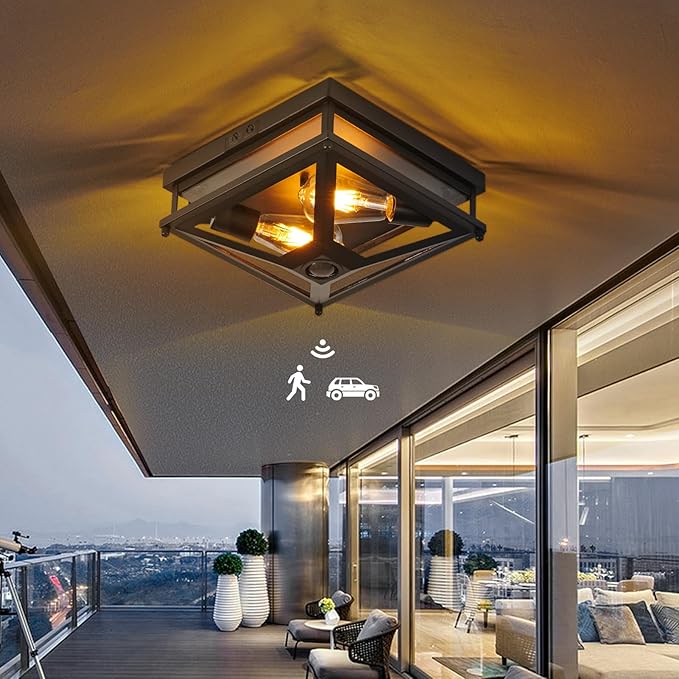 Motion Sensor Outdoor Flush Mount Ceiling Light, Modern Farmhouse Ceiling Lights with Clear Glass, Matte Black Industrial Iron Light Fixtures for Entryway Garage Hallway Patio Porch