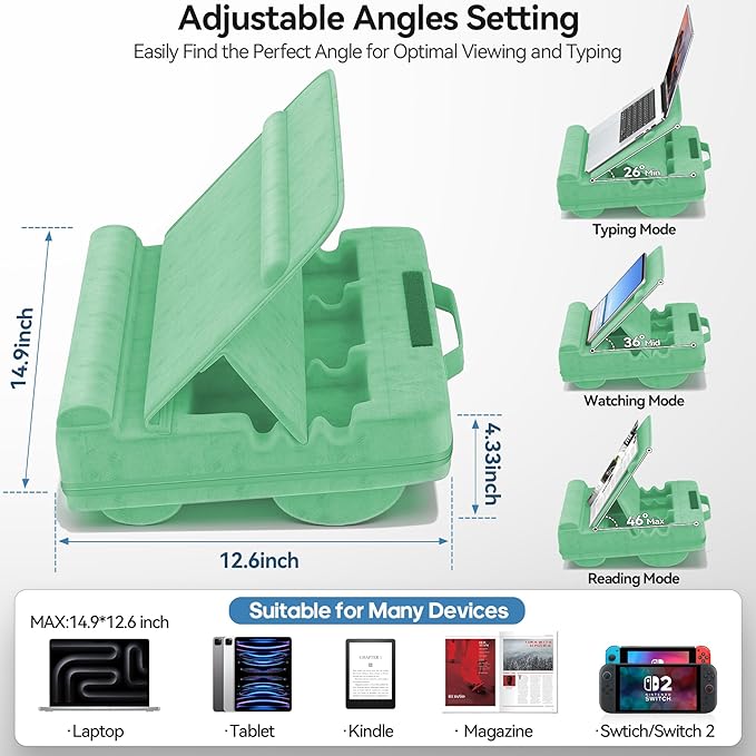 Laptop Lap Desk with Cushion, Adjustable Lap Desk Pillow with Storage, Portable Lap Table for Adults Student, Laptop Stand for Bed Office College Dorm Home Room Couch, Fit Up to 14.9" PC Tablet, Green