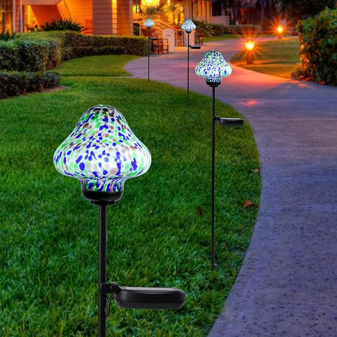 Bshine Mushroom Solar Outdoor Lights, Mosaic Mushroom Solar Lights Hand-Blown Glass Waterproof Metal Stakes Decorate Garden, Outdoor Yard Decor Backyard, Pathway, Porch and Lawn Ornaments 2 Pack
