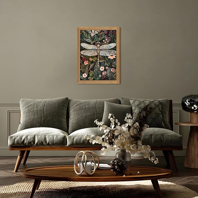 Framed Vintage 3D Textured Wall Art - Dark Green Dragonfly Flowers Wall Decor - Hand Drawn Sandstone Nature Botanical Pictures for Living Room Bedroom Home Decor 16x24in
