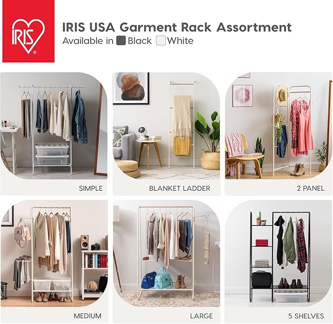IRIS USA Stylish Corner Clothes Rack for Hanging Clothes, Easy to Assemble, Freestanding Metal Sturdy Garment Rack, Small Space Storage Solution, Modern Versatile Design, Boutique Style, White