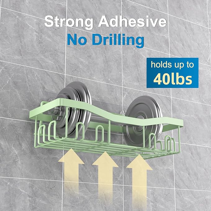 Adhesive Shower Caddy, No Drilling Bath Organizers 5 Pack, Rustproof Shelves with Soap Holder & Toothbrush Holder, Bathroom Organizers and Storage, Green
