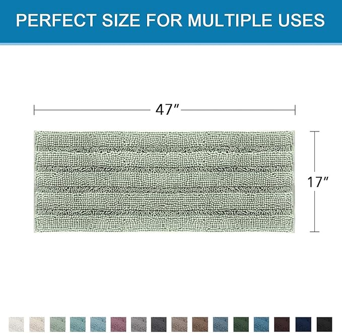 H.VERSAILTEX Bath Rugs for Bathroom Non Slip Bath Mats Extra Thick Chenille Striped Bath Rug Runners 47" x 17" Absorbent Fluffy Soft Shaggy Mats Dry Fast Plush Area Carpet for Bath Room - Sage