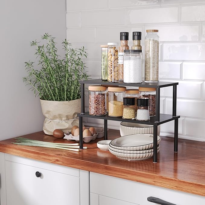 Cabinet Organizer Shelf(Set of 2),Kitchen Counter Shelves,Bamboo Spice Rack Countertop and Cabinet,Stackable Expandable,Large(Black)