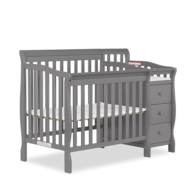 Dream On Me Jayden 4‑in‑1 Mini Convertible Baby Crib & Changer with Storage, Steel Grey, Pinewood, GreenGuard Gold & JPMA, 1” Mattress Pad, 3 Mattress Heights, Converts to Mini Day & Twin-Size Bed
