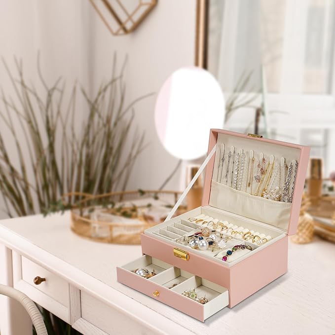 2-Layer Jewelry Box for women, jewelry organizers and storage with Removable Jewelry Tray, vintage quilted top Lockable Jewelry Holder Gift Idea Pink