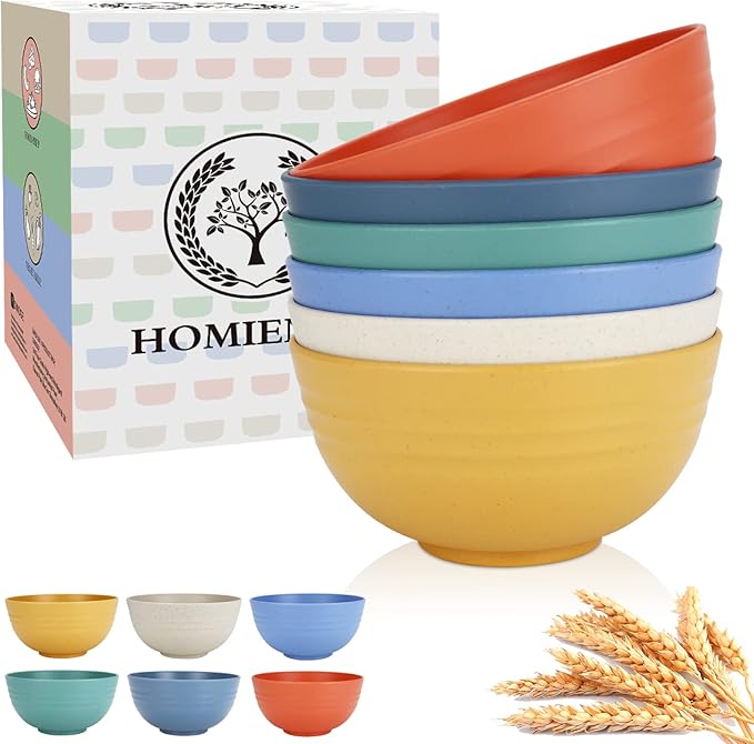 Homienly Wheat Starw Cereal Bowls, Unbreakable Bowl Set 6 PCS, Microwave and Dishwasher Safe Bowls, Alternative to Plastic Bowl Reusable, Bowl Set for Kitchen, Picnic, Camping, Party (26 OZ, Colorful)