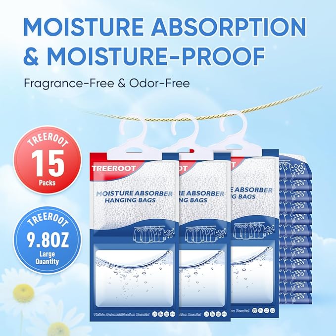 15 Pack Moisture Absorbers for Closet, 9.8OZ Hanging Closet Dehumidifier Bags, Hanging Humidity Absorber in Wardrobes, Kitchens and Bathrooms, Fragrance Free Portable Moisture bags