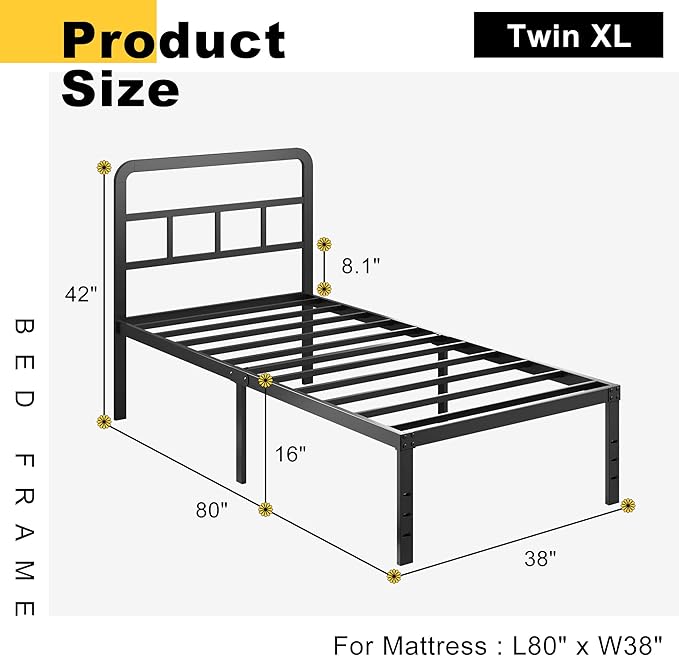 16 Inch Twin XL Bed Frame with Headboard No Box Spring Needed Metal Platform Heavy Duty Steel Slat Mattress Foundation/Easy Assembly/No Noise/Black