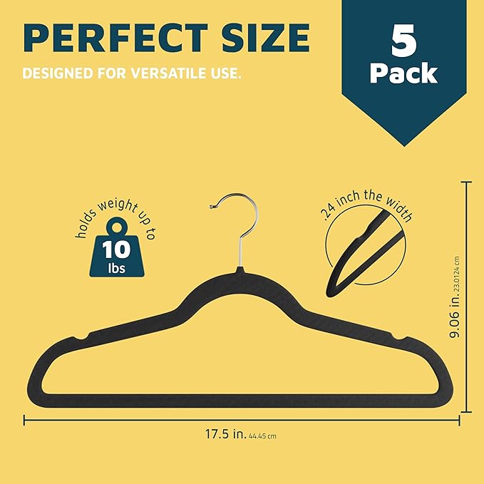 Velvet Clothes Hangers – with 360 Degree Swivel Hook and Non-Slip Shoulder Notch, Holds Up to 10 lbs, Heavy Duty Hanger Set, for Organizing Suit, Dress, Coat, and Clothes, Pack of 5, Black