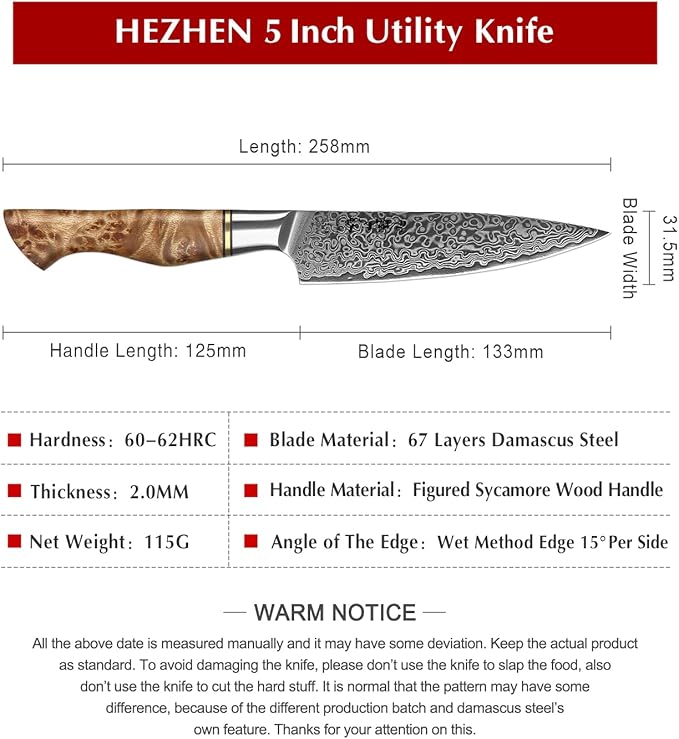 HEZHEN 5 inch Utility Knife with Razor Sharp- Damascus Steel with Rose Pattern Multifunctional VG10 Professional Paring-Fruit knife- Master Series Ergonomic Figured Sycamore Wood Handle