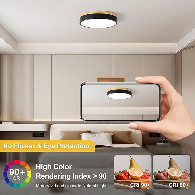 Dimmable Wood LED Ceiling Light, 5CCT 2700K-6000K Modern Black Flush Mount Ceiling Light, Minimalist Round Close to Ceiling Light Fixture for Bedroom, Kitchen, Laundry Room, Hallway, 11.81in
