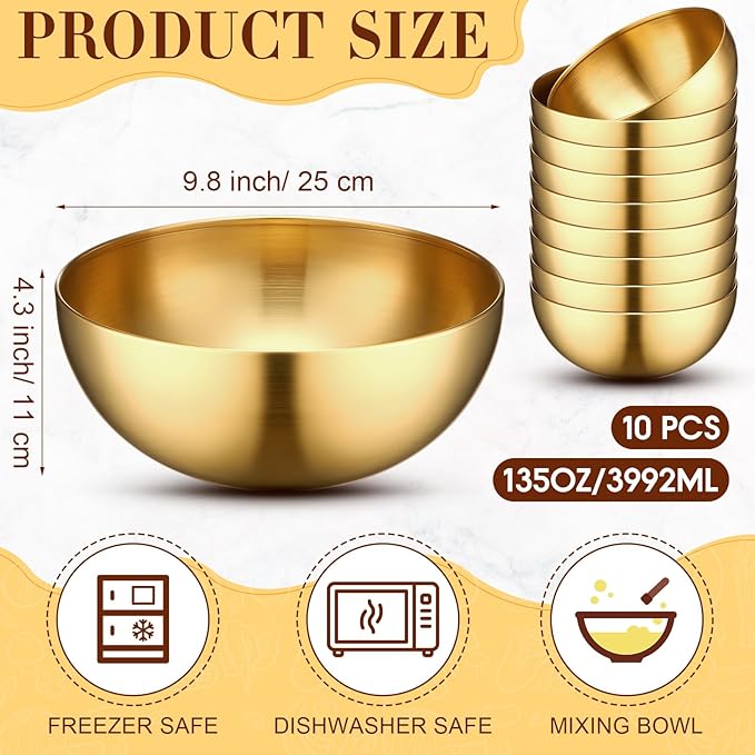 Nuogo 10 Pcs Stainless Steel Mixing Bowls Decorative Esthetician Bowls for Wedding Party Baking Prepping Serving Facial Food Salad Fruit Snack Soup Cereal(9.8 Inch,Gold)
